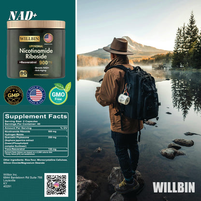 Willbin Liposomal NAD+ Supplement, Nicotinamide Riboside with Resveratrol, NAD Nicotinamide Riboside Boost Energy Focus Anti-Aging for Women & Men - 80 Vegan Capsules - Maple Wellness Supplements