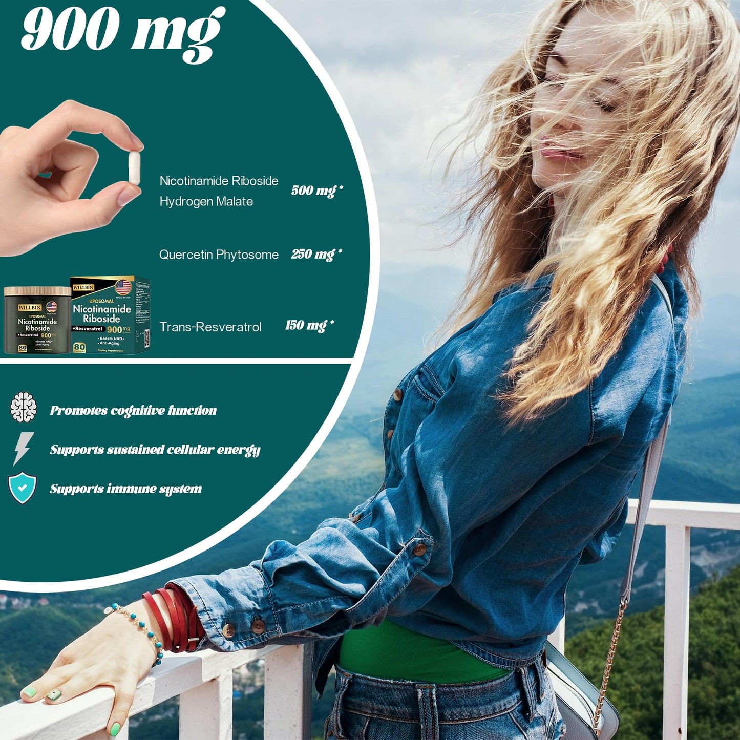 Willbin Liposomal NAD+ Supplement, Nicotinamide Riboside with Resveratrol, NAD Nicotinamide Riboside Boost Energy Focus Anti-Aging for Women & Men - 80 Vegan Capsules - Maple Wellness Supplements