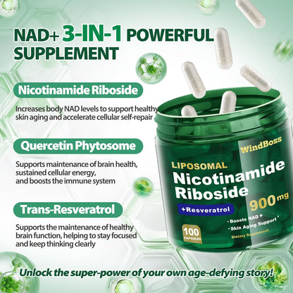 Windboss Liposomal NAD+ Supplement with Nicotinamide Riboside & Resveratrol, NAD Booster for Cellular Energy, Anti-Aging & Metabolism – NMN Alternative, NAD Supplement for Men & Women – 2pcs - Maple Wellness Supplements