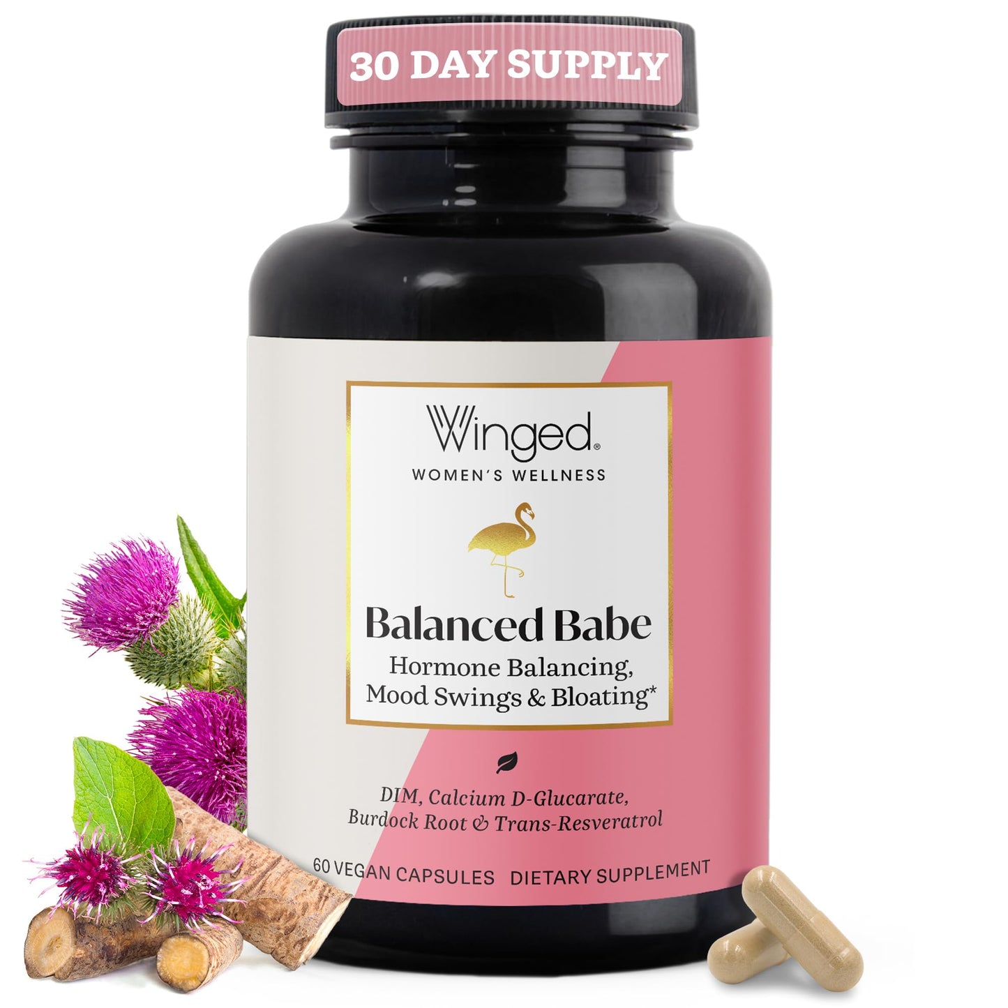 Winged Wellness Balance Babe, Hormone Balance & Estrogen Detox Supplement for Women - 100mg DIM & Calcium D-Glucarate & Milk Thistle for PMS Bloating, Cramps, Mood & Hormonal Acne Support, 60 Capsules - Maple Wellness Supplements
