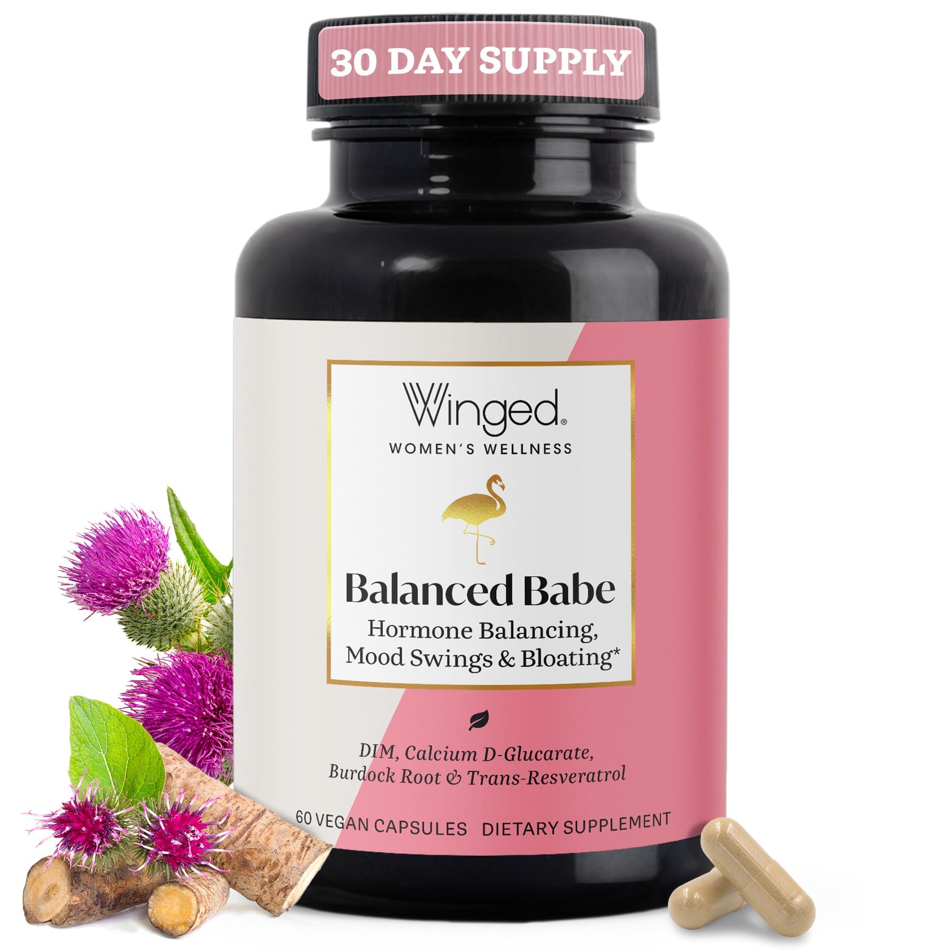 Winged Wellness Balance Babe, Hormone Balance & Estrogen Detox Supplement for Women - 100mg DIM & Calcium D-Glucarate & Milk Thistle for PMS Bloating, Cramps, Mood & Hormonal Acne Support, 60 Capsules - Maple Wellness Supplements