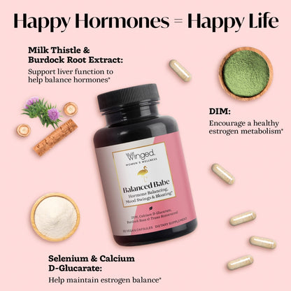 Winged Wellness Balance Babe, Hormone Balance & Estrogen Detox Supplement for Women - 100mg DIM & Calcium D-Glucarate & Milk Thistle for PMS Bloating, Cramps, Mood & Hormonal Acne Support, 60 Capsules - Maple Wellness Supplements
