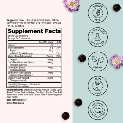 Winged Wellness Happy Her Mood Gummies - Daily Mood Enhancer Support Supplement for Women - Vitamin D with Saffron, Lemon Balm, & Lions Mane Mushrooms for Balance & Calming Relief - 50 Vegan Gummies - Maple Wellness Supplements