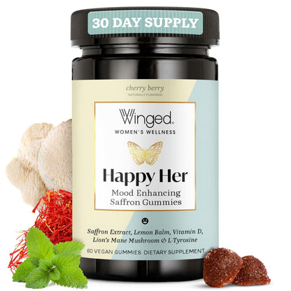 Winged Wellness Happy Her Mood Gummies - Daily Mood Enhancer Support Supplement for Women - Vitamin D with Saffron, Lemon Balm, & Lions Mane Mushrooms for Balance & Calming Relief - 50 Vegan Gummies - Maple Wellness Supplements