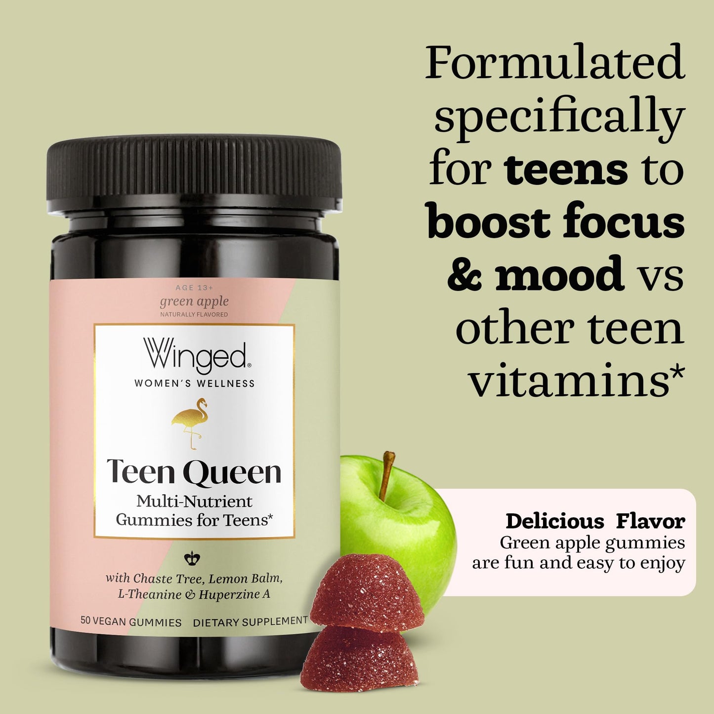 Winged Wellness Multivitamin Gummies for Teen Girls - Teen Vitamins for Mood & Hormonal Health - Vegan Gummy Supplement with Chaste Tree, Lemon Balm, L-Theanine, Probiotics & Biotin - 50 Gummies - Maple Wellness Supplements