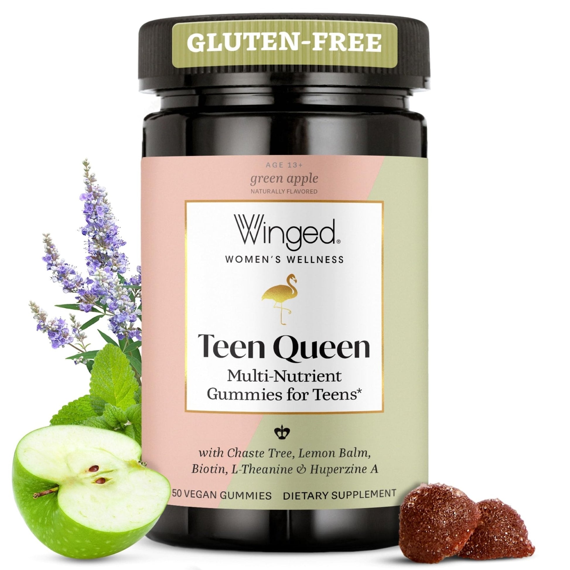 Winged Wellness Multivitamin Gummies for Teen Girls - Teen Vitamins for Mood & Hormonal Health - Vegan Gummy Supplement with Chaste Tree, Lemon Balm, L-Theanine, Probiotics & Biotin - 50 Gummies - Maple Wellness Supplements