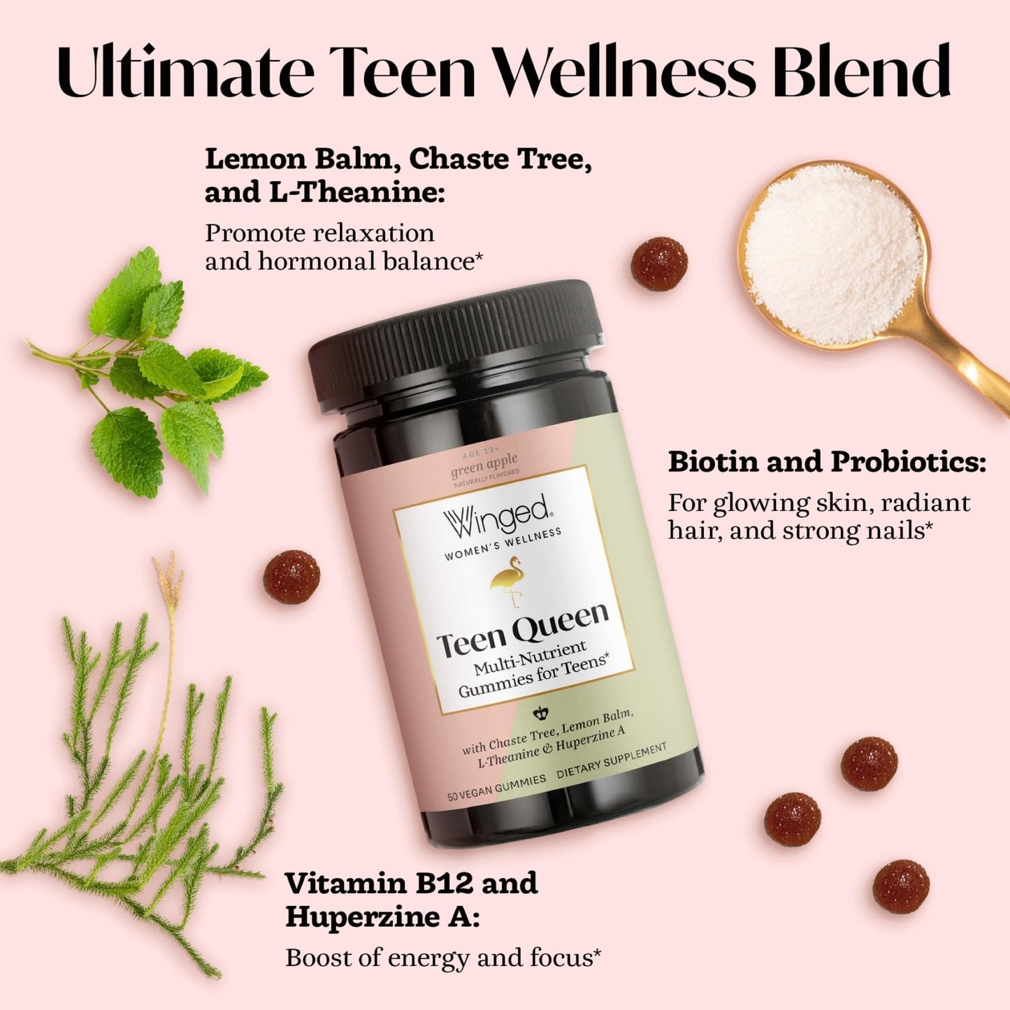 Winged Wellness Multivitamin Gummies for Teen Girls - Teen Vitamins for Mood & Hormonal Health - Vegan Gummy Supplement with Chaste Tree, Lemon Balm, L-Theanine, Probiotics & Biotin - 50 Gummies - Maple Wellness Supplements