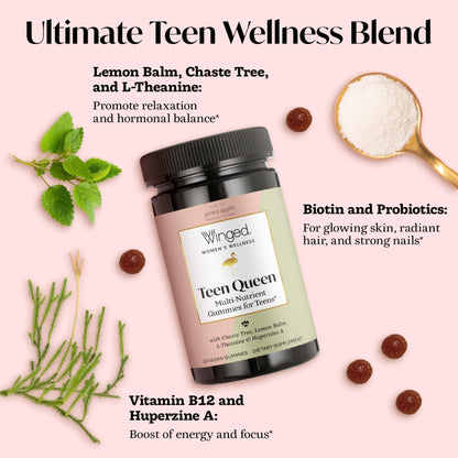 Winged Wellness Multivitamin Gummies for Teen Girls - Teen Vitamins for Mood & Hormonal Health - Vegan Gummy Supplement with Chaste Tree, Lemon Balm, L-Theanine, Probiotics & Biotin - 50 Gummies - Maple Wellness Supplements