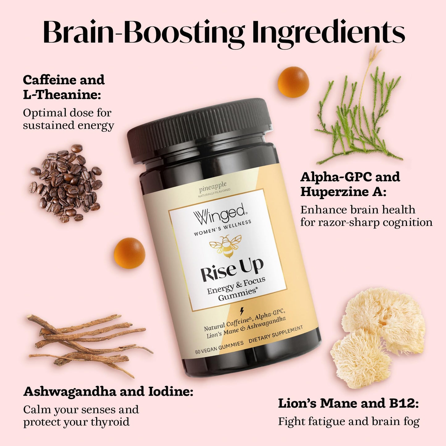 Winged Wellness Rise Up, Energy & Focus Gummies for Women - Daily Brain Boost Gummy Supplement with Natural Caffeine, Ashwagandha, B12, Nootropics Alpha-GPC & Lion’s Mane - Pineapple, 60 Gummies - Maple Wellness Supplements