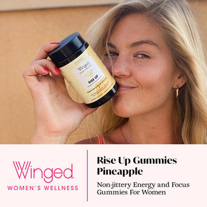 Winged Wellness Rise Up, Energy & Focus Gummies for Women - Daily Brain Boost Gummy Supplement with Natural Caffeine, Ashwagandha, B12, Nootropics Alpha-GPC & Lion’s Mane - Pineapple, 60 Gummies - Maple Wellness Supplements