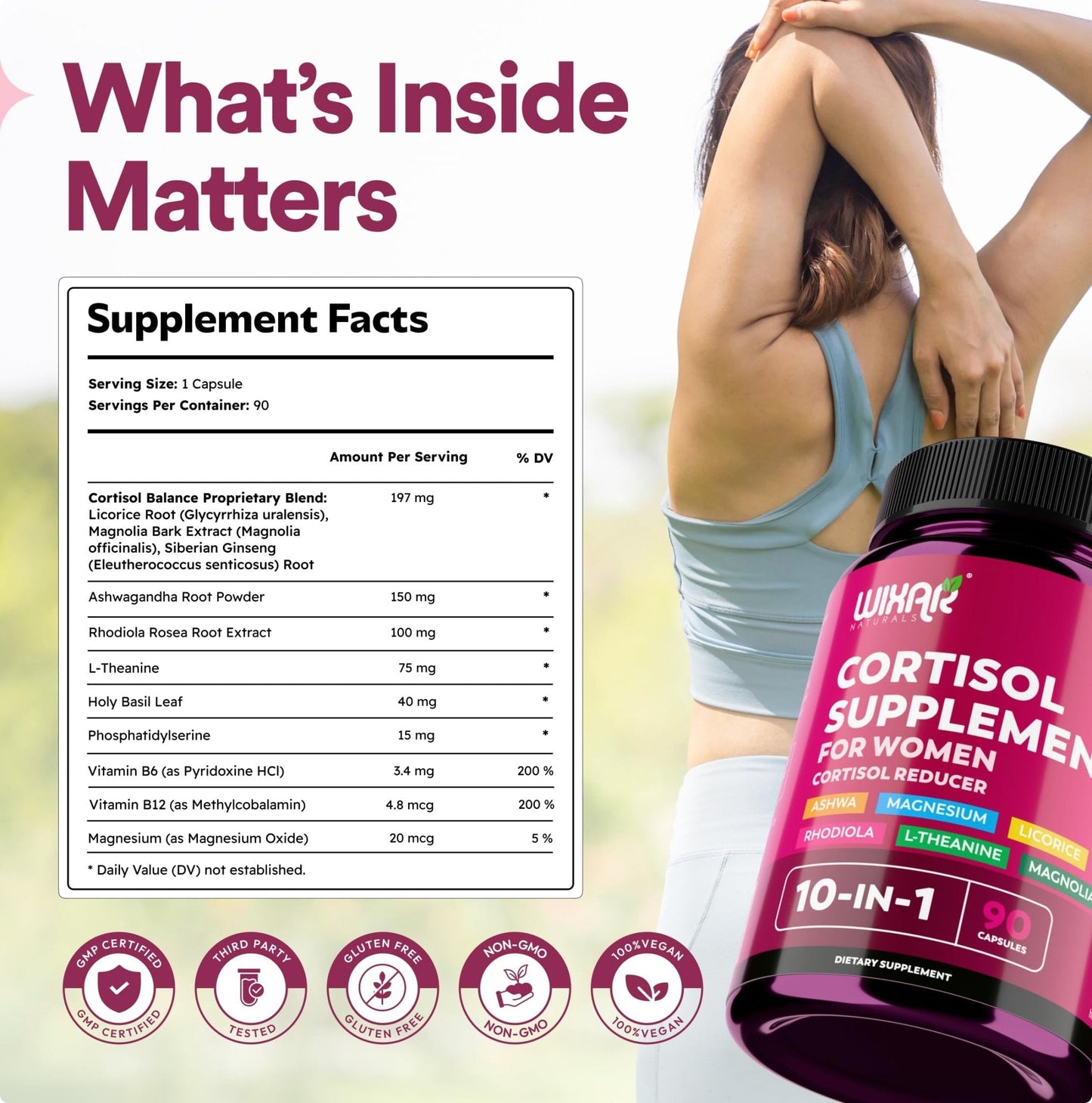 WIXAR Cortisol Supplements for Women with Ashwagandha, Magnesium, L-Theanine, Rhodiola Rosea - for High Cortisol Balanace Manager - for Sleep Support, Mood & Focus Supplement - 90 Capsules - Maple Wellness Supplements