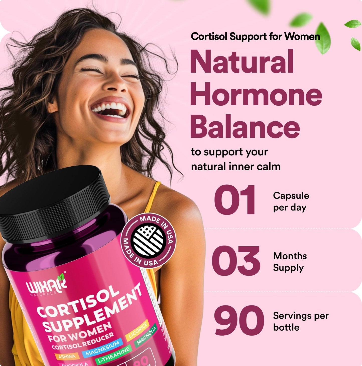 WIXAR Cortisol Supplements for Women with Ashwagandha, Magnesium, L-Theanine, Rhodiola Rosea - for High Cortisol Balanace Manager - for Sleep Support, Mood & Focus Supplement - 90 Capsules - Maple Wellness Supplements