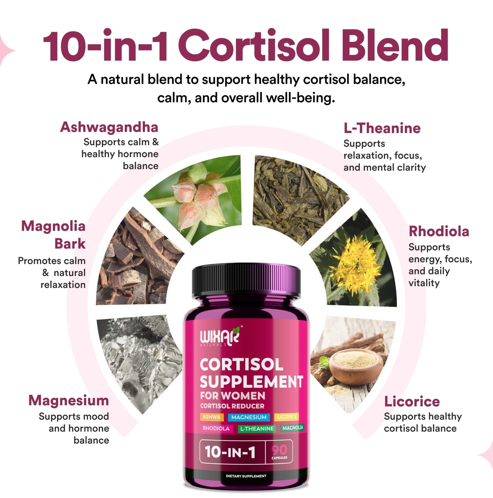 WIXAR Cortisol Supplements for Women with Ashwagandha, Magnesium, L-Theanine, Rhodiola Rosea - for High Cortisol Balanace Manager - for Sleep Support, Mood & Focus Supplement - 90 Capsules - Maple Wellness Supplements