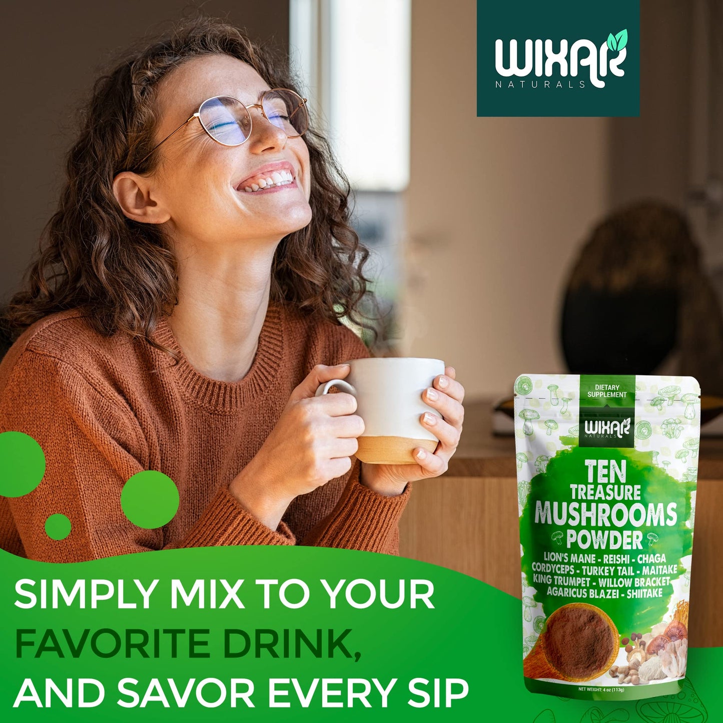 Wixar Mushroom Powder - Ten Treasure Mushrooms Extract Supplement Blend for Coffee - Maple Wellness Supplements