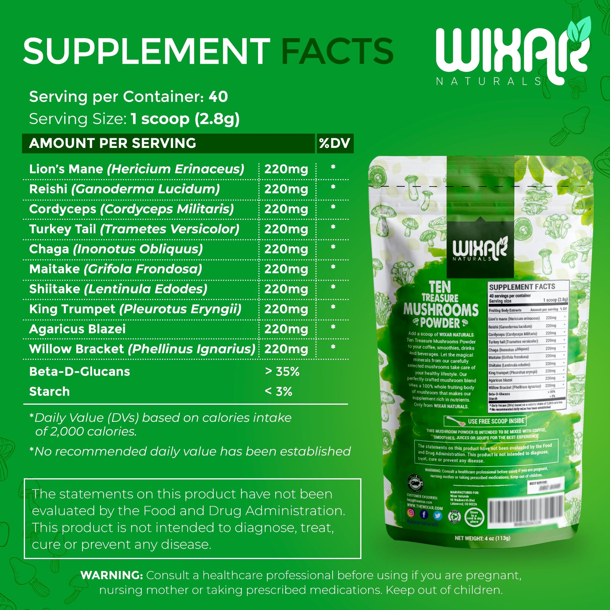 Wixar Mushroom Powder - Ten Treasure Mushrooms Extract Supplement Blend for Coffee - Maple Wellness Supplements