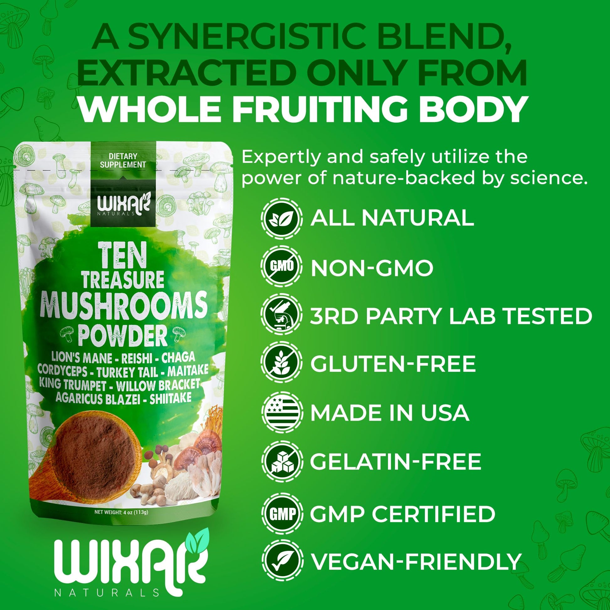 Wixar Mushroom Powder - Ten Treasure Mushrooms Extract Supplement Blend for Coffee - Maple Wellness Supplements