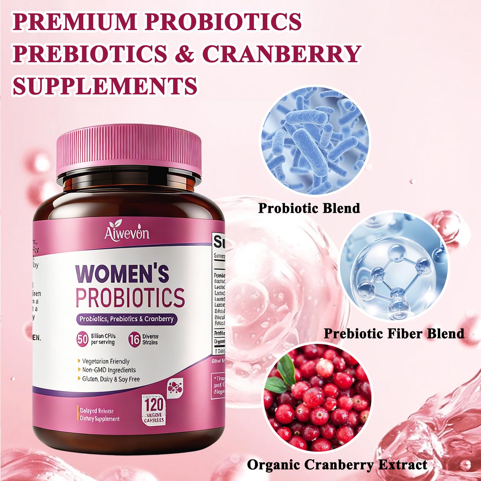 Women Probiotics 50 Billion CFU: Probiotics for Women with Prebiotics & Cranberry, 16 Strain Probiotic Supplement for Digestive Gut Health, Vaginal & Urinary Tract Support - Maple Wellness Supplements