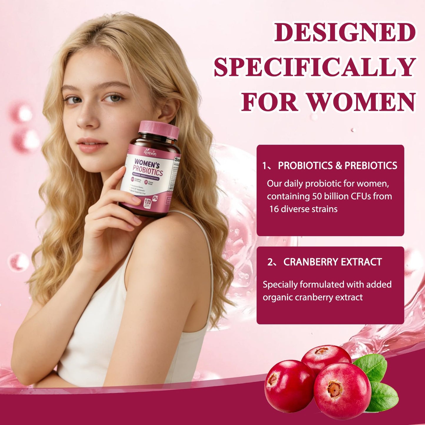 Women Probiotics 50 Billion CFU: Probiotics for Women with Prebiotics & Cranberry, 16 Strain Probiotic Supplement for Digestive Gut Health, Vaginal & Urinary Tract Support - Maple Wellness Supplements