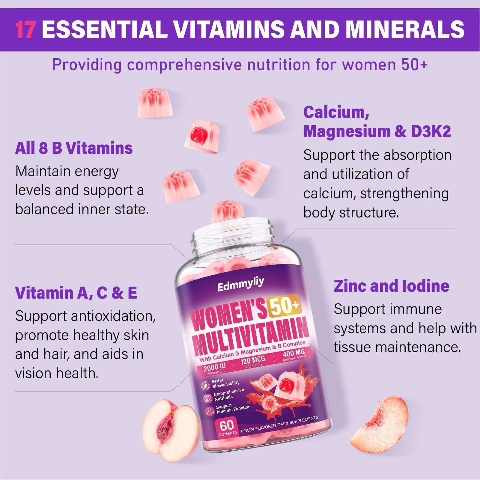 Womens Multivitamin Gummy 50 and Over - Chewable Multi Vitamin A, C, D3, E, K2 & B Complex, Folate, Biotin, Calcium, Magnesium - Maple Wellness Supplements