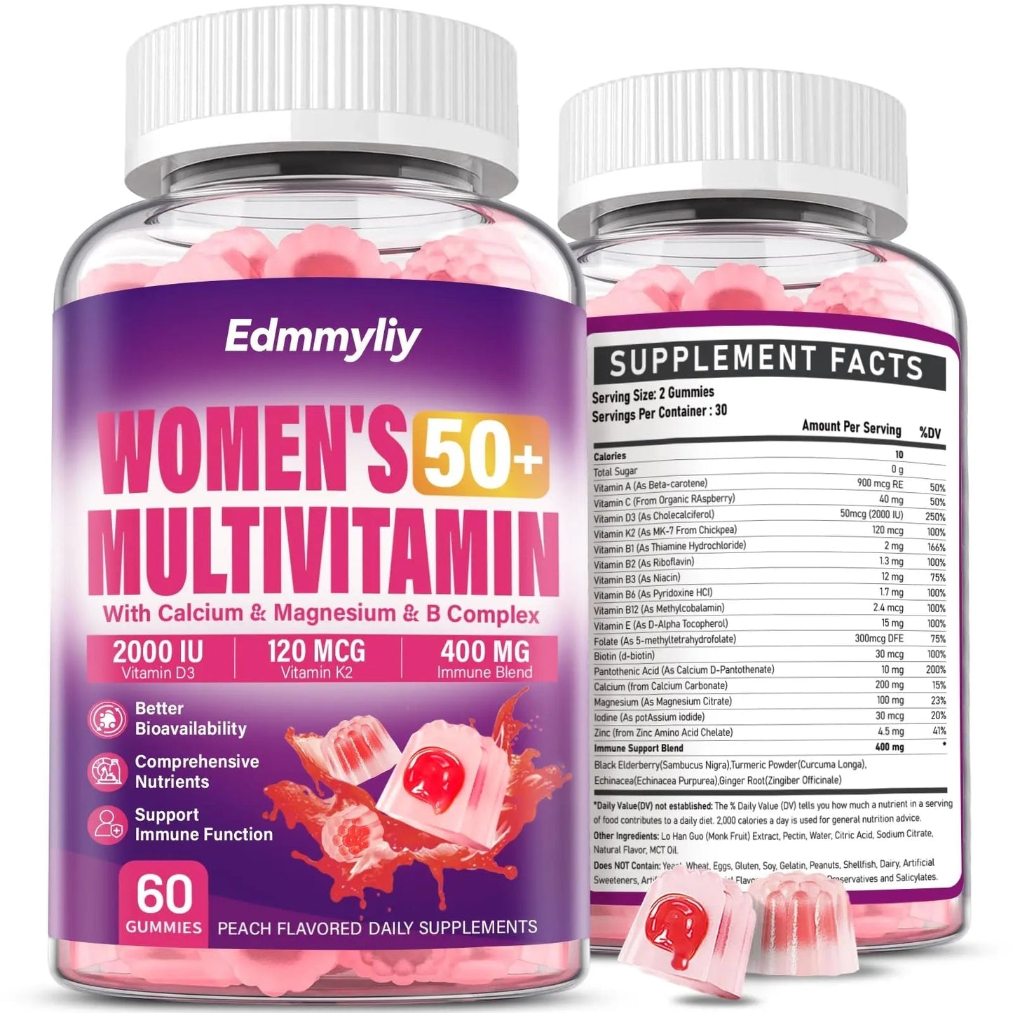 Womens Multivitamin Gummy 50 and Over - Chewable Multi Vitamin A, C, D3, E, K2 & B Complex, Folate, Biotin, Calcium, Magnesium - Maple Wellness Supplements