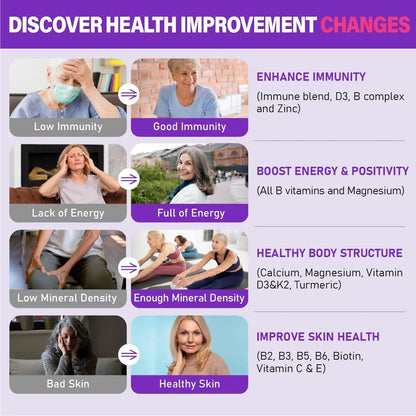 Womens Multivitamin Gummy 50 and Over - Chewable Multi Vitamin A, C, D3, E, K2 & B Complex, Folate, Biotin, Calcium, Magnesium - Maple Wellness Supplements
