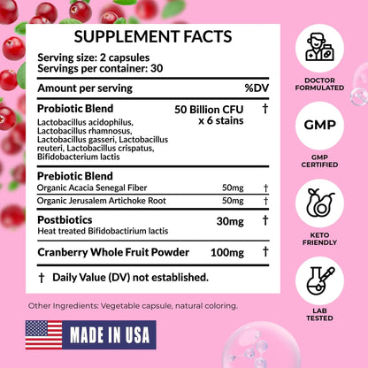 Women’s Probiotic for Vaginal Health | 50 Billion CFU with Probiotics, Prebiotic, Postbiotics & Cranberry for pH Balance, UTI Support, Yeast, Gut Health, Odor, Dryness & Feminine Comfort - Maple Wellness Supplements