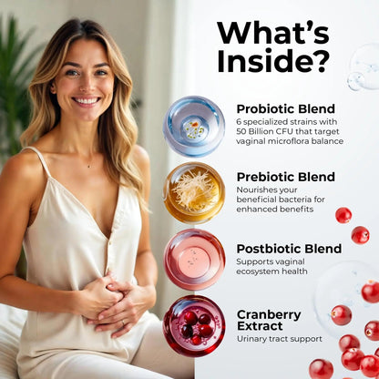 Women’s Probiotic for Vaginal Health | 50 Billion CFU with Probiotics, Prebiotic, Postbiotics & Cranberry for pH Balance, UTI Support, Yeast, Gut Health, Odor, Dryness & Feminine Comfort - Maple Wellness Supplements