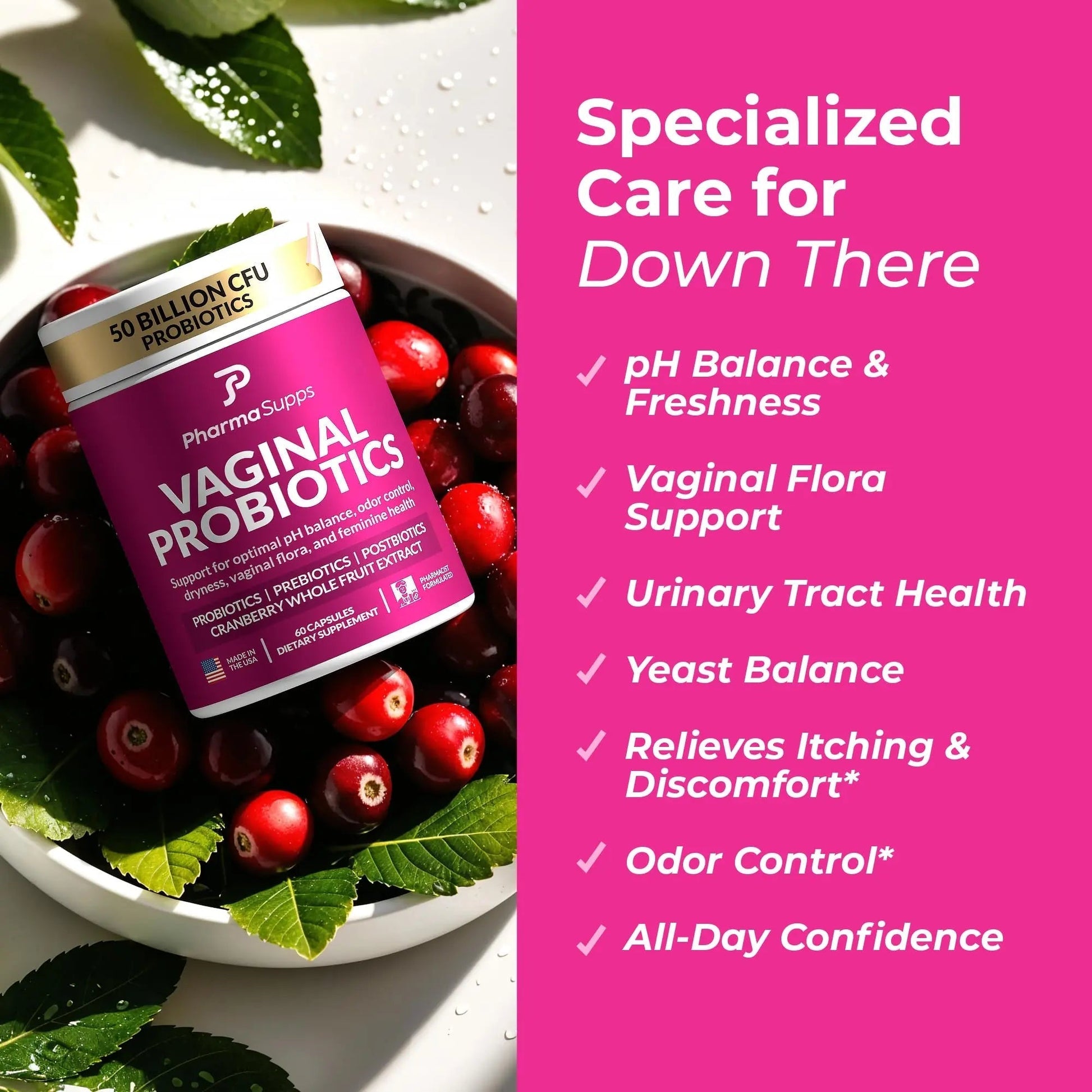 Women’s Probiotic for Vaginal Health | 50 Billion CFU with Probiotics, Prebiotic, Postbiotics & Cranberry for pH Balance, UTI Support, Yeast, Gut Health, Odor, Dryness & Feminine Comfort - Maple Wellness Supplements
