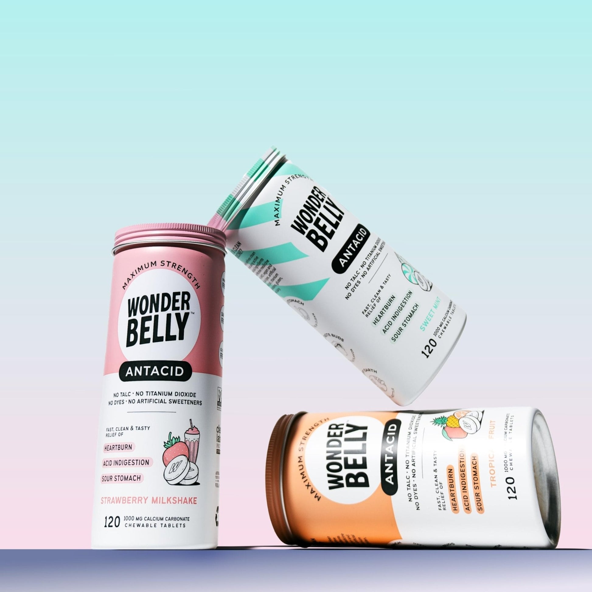 Wonderbelly Antacid, Effective Heartburn and Instant Acid Indigestion Relief, Extra Strength Chewable Tablets, 1000 mg Calcium Carbonate, No Talc or Dye, Strawberry Milkshake, 120 Count - Maple Wellness Supplements