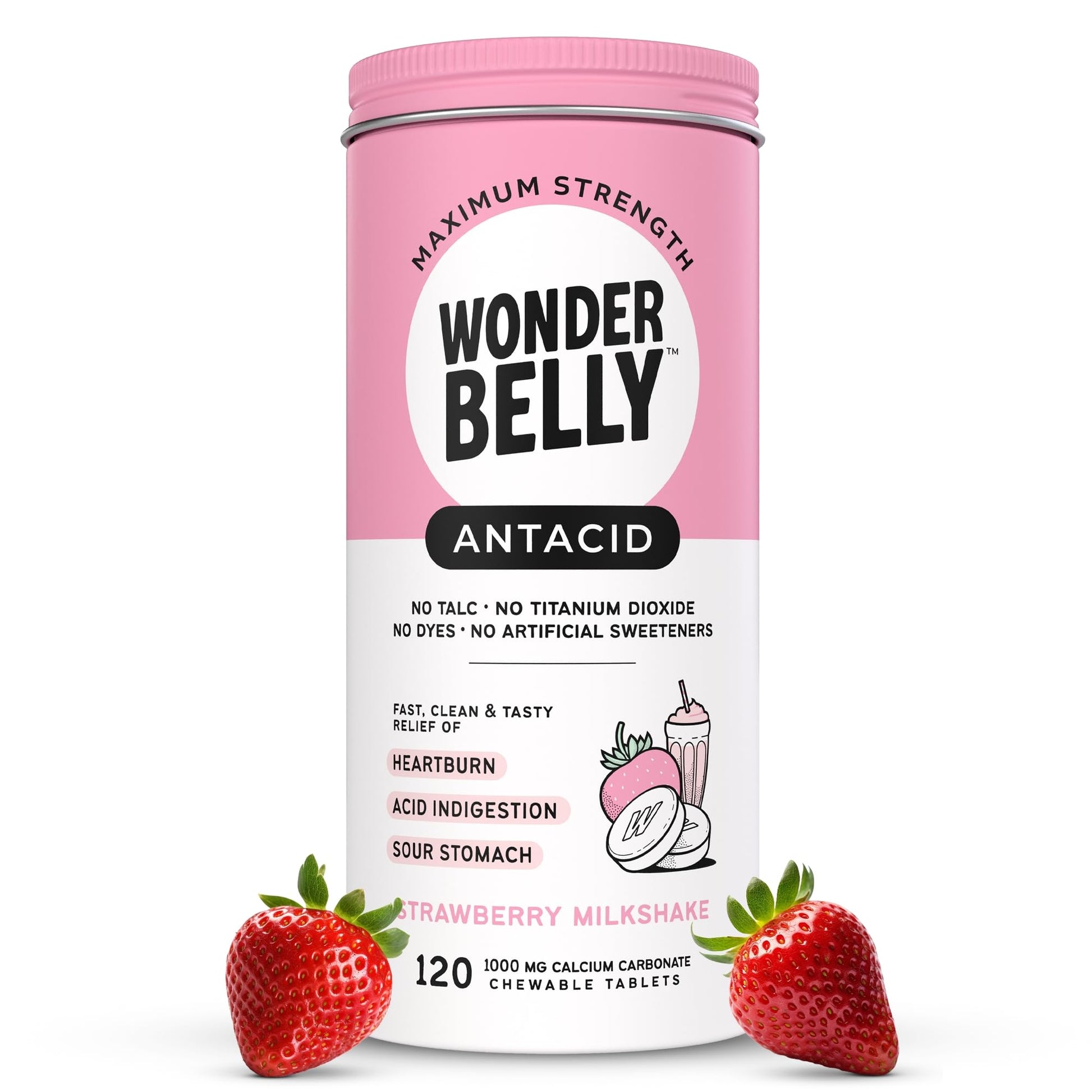 Wonderbelly Antacid, Effective Heartburn and Instant Acid Indigestion Relief, Extra Strength Chewable Tablets, 1000 mg Calcium Carbonate, No Talc or Dye, Strawberry Milkshake, 120 Count - Maple Wellness Supplements