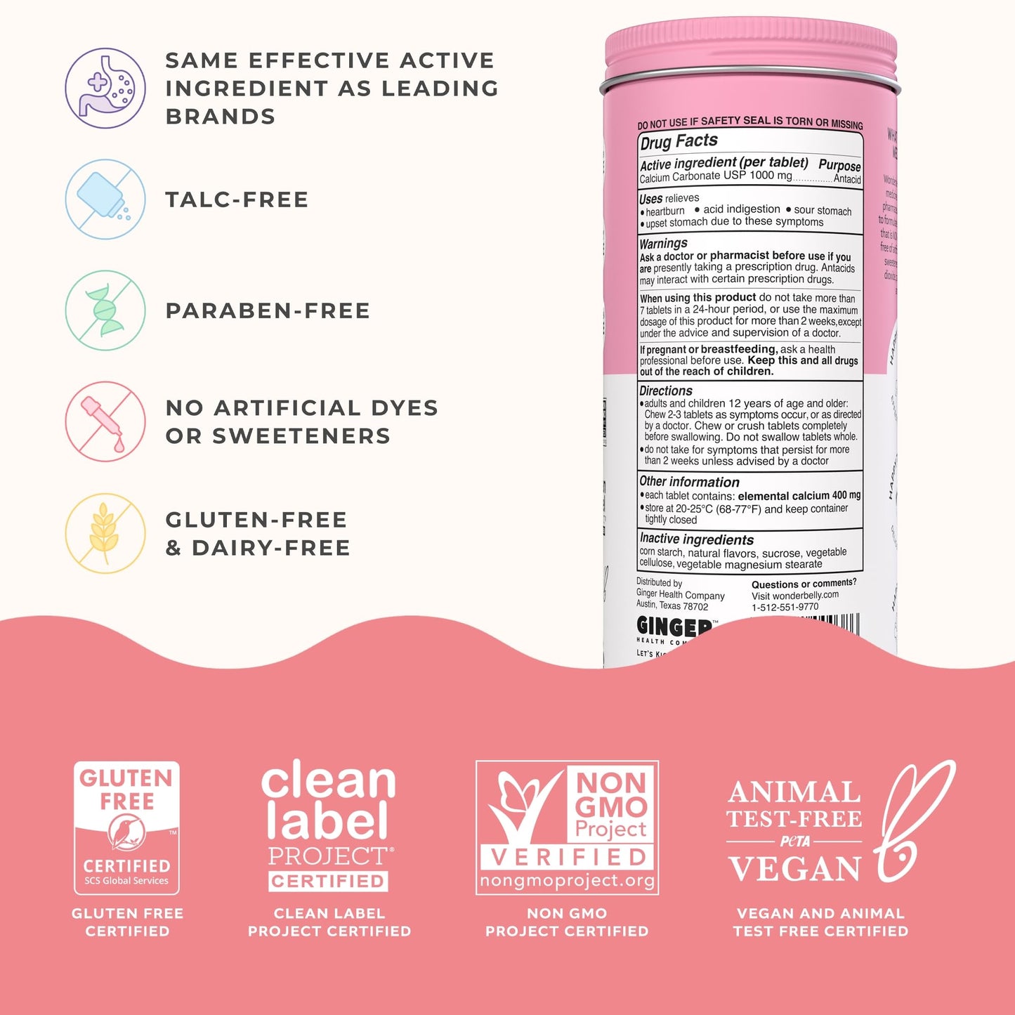 Wonderbelly Antacid, Effective Heartburn and Instant Acid Indigestion Relief, Extra Strength Chewable Tablets, 1000 mg Calcium Carbonate, No Talc or Dye, Strawberry Milkshake, 120 Count - Maple Wellness Supplements
