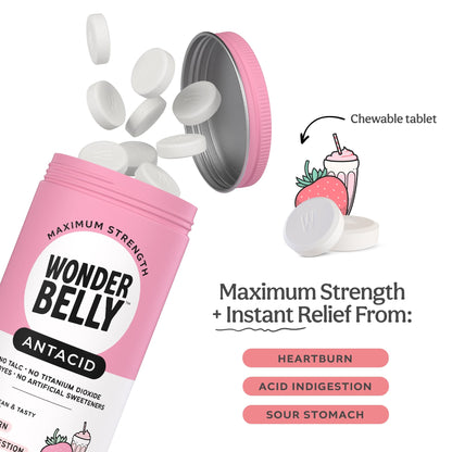 Wonderbelly Antacid, Effective Heartburn and Instant Acid Indigestion Relief, Extra Strength Chewable Tablets, 1000 mg Calcium Carbonate, No Talc or Dye, Strawberry Milkshake, 120 Count - Maple Wellness Supplements