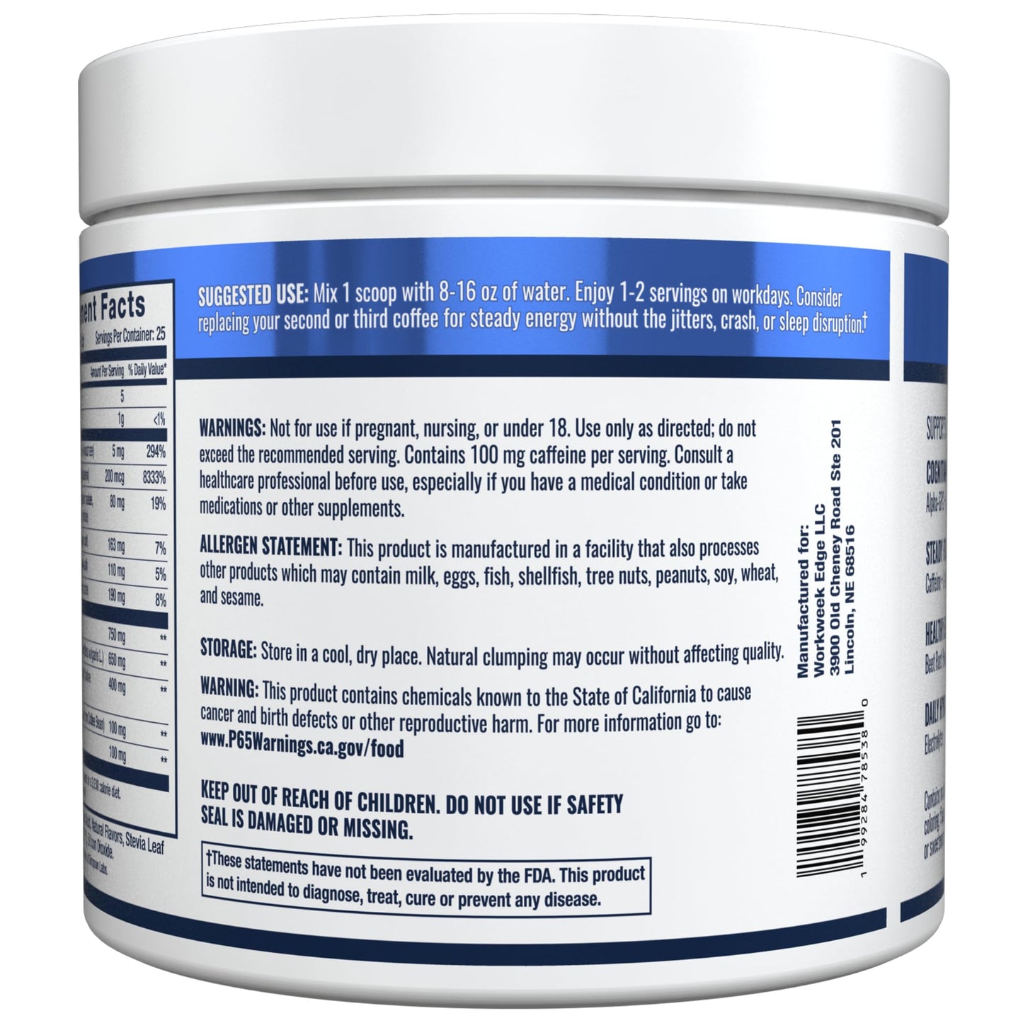 Workweek Edge Focus & Energy Drink Mix Powder – Zero Sugar, 100mg Caffeine + L-Theanine + L-Tyrosine Calm Nootropic Supplement for Steady Focus & Clean Energy – (25 Servings) - Maple Wellness Supplements