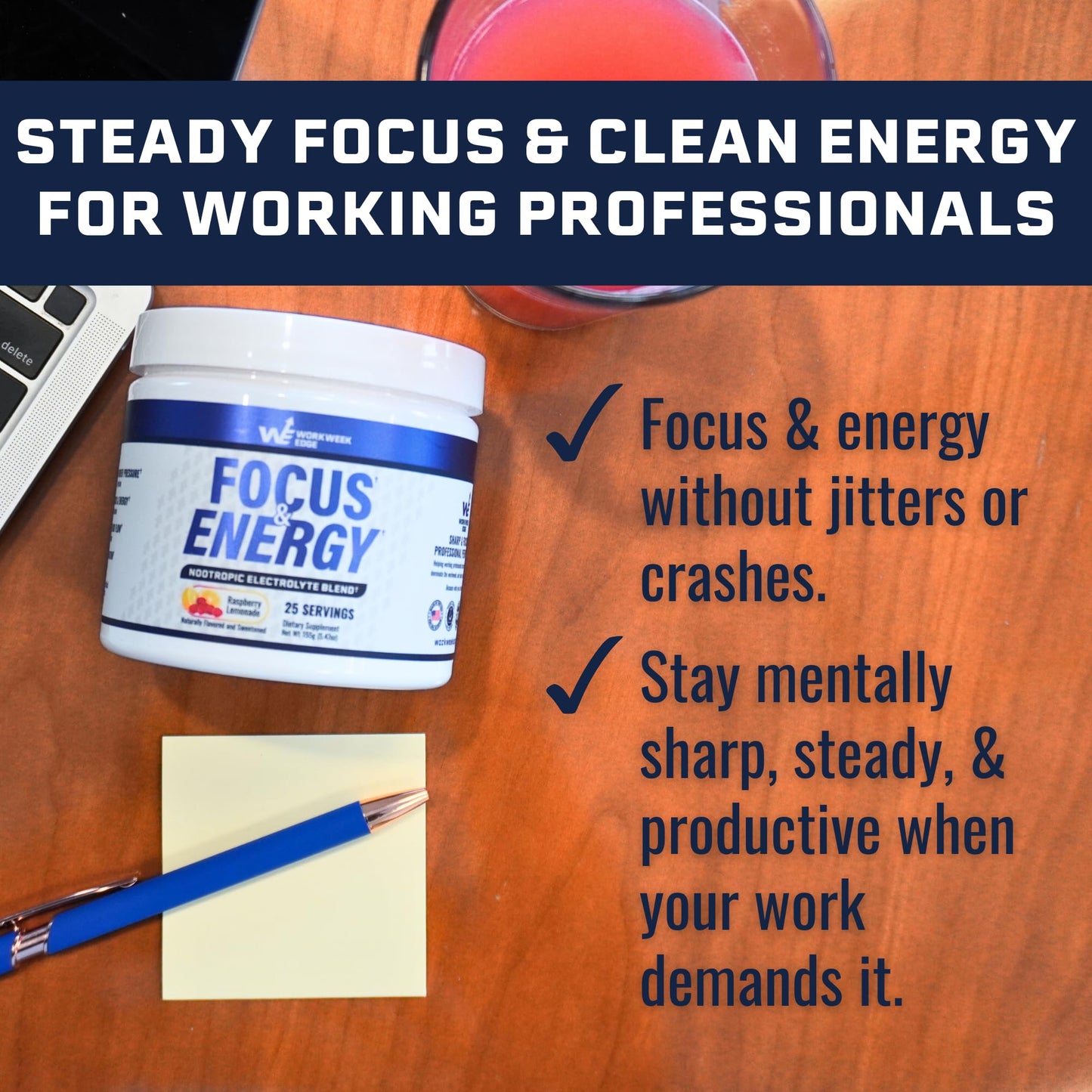 Workweek Edge Focus & Energy Drink Mix Powder – Zero Sugar, 100mg Caffeine + L-Theanine + L-Tyrosine Calm Nootropic Supplement for Steady Focus & Clean Energy – (25 Servings) - Maple Wellness Supplements