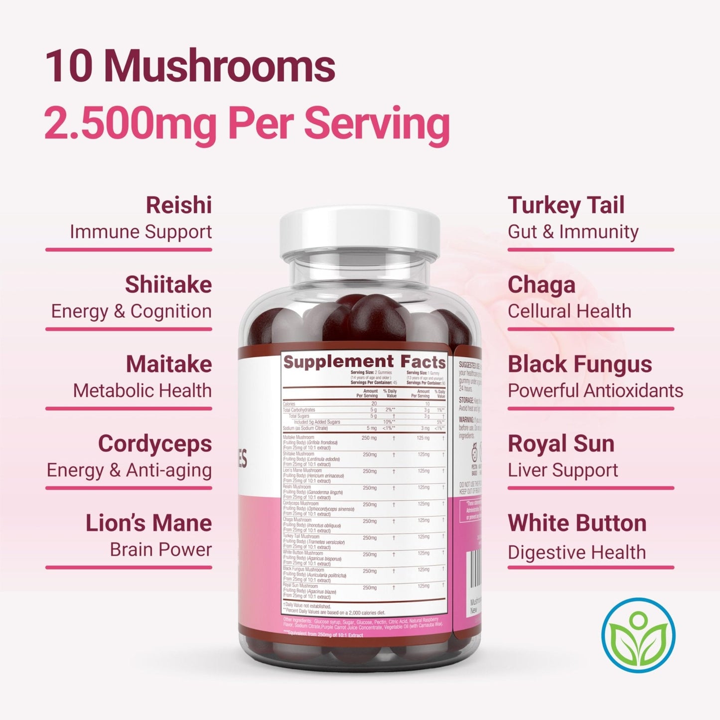 World's First Mushroom Complex Gummies with Lions Mane, Immune Support & Stress Relief, Nootropic Mushroom Supplement for Adults & Children (90 Chews 2500mg/serving) - Maple Wellness Supplements