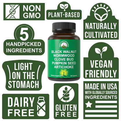 Wormwood Black Walnut Clove Cleanse for Humans. Elimination Detox + Intestinal Support Capsules Supplement for Adults and Kids. Pills with Artichoke and Pumpkin Seed for Additional Benefits - Maple Wellness Supplements