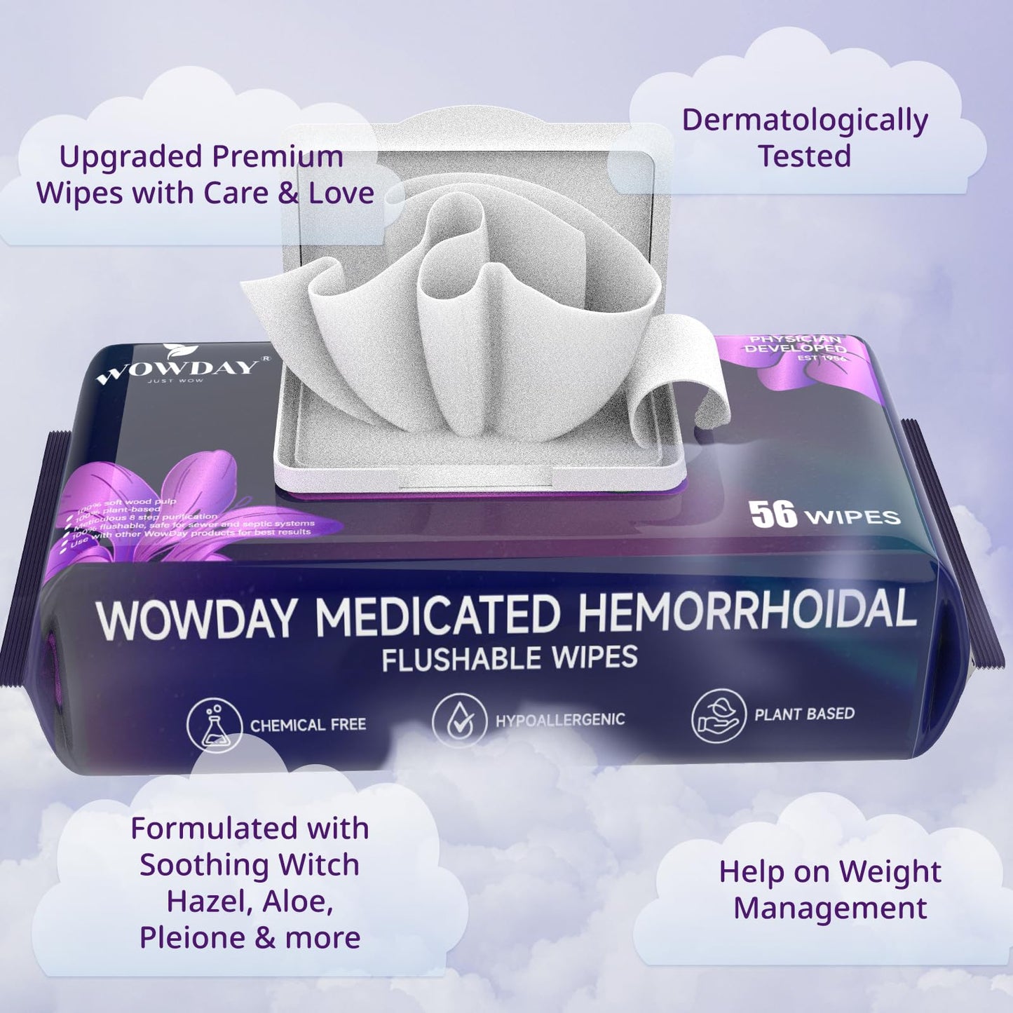 Wowday Flushable Hemorrhoid Wipes | Maximum Strength Witch Hazel Wipes | 56 Count Fragrance Free Adult Hemorrhoids Medicated Witch Hazels Wipe for Butt Hemorrhoidal Itch - Maple Wellness Supplements