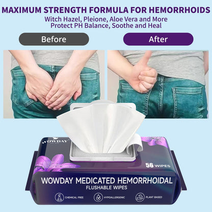 Wowday Flushable Hemorrhoid Wipes | Maximum Strength Witch Hazel Wipes | 56 Count Fragrance Free Adult Hemorrhoids Medicated Witch Hazels Wipe for Butt Hemorrhoidal Itch - Maple Wellness Supplements