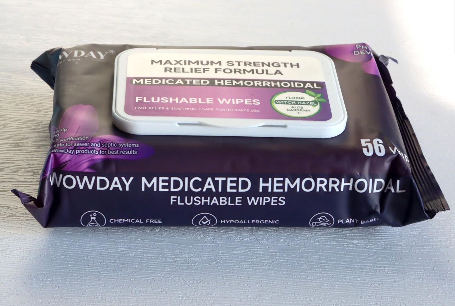 Wowday Flushable Hemorrhoid Wipes | Maximum Strength Witch Hazel Wipes | 56 Count Fragrance Free Adult Hemorrhoids Medicated Witch Hazels Wipe for Butt Hemorrhoidal Itch - Maple Wellness Supplements