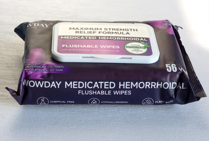 Wowday Flushable Hemorrhoid Wipes | Maximum Strength Witch Hazel Wipes | 56 Count Fragrance Free Adult Hemorrhoids Medicated Witch Hazels Wipe for Butt Hemorrhoidal Itch - Maple Wellness Supplements