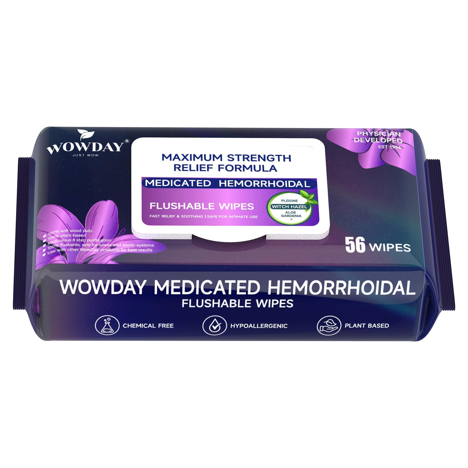 Wowday Flushable Hemorrhoid Wipes | Maximum Strength Witch Hazel Wipes | 56 Count Fragrance Free Adult Hemorrhoids Medicated Witch Hazels Wipe for Butt Hemorrhoidal Itch - Maple Wellness Supplements