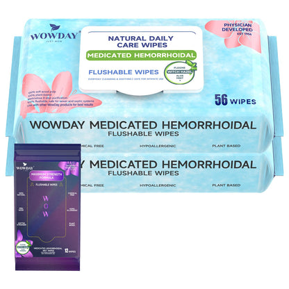Wowday Flushable Hemorrhoid Wipes | Medicated Witch Hazel Wipes Ph Balanced | 112 Count Natural Fragrance Free Adult Hemorrhoids Witch Hazel Wipe for Butt Itch - Maple Wellness Supplements