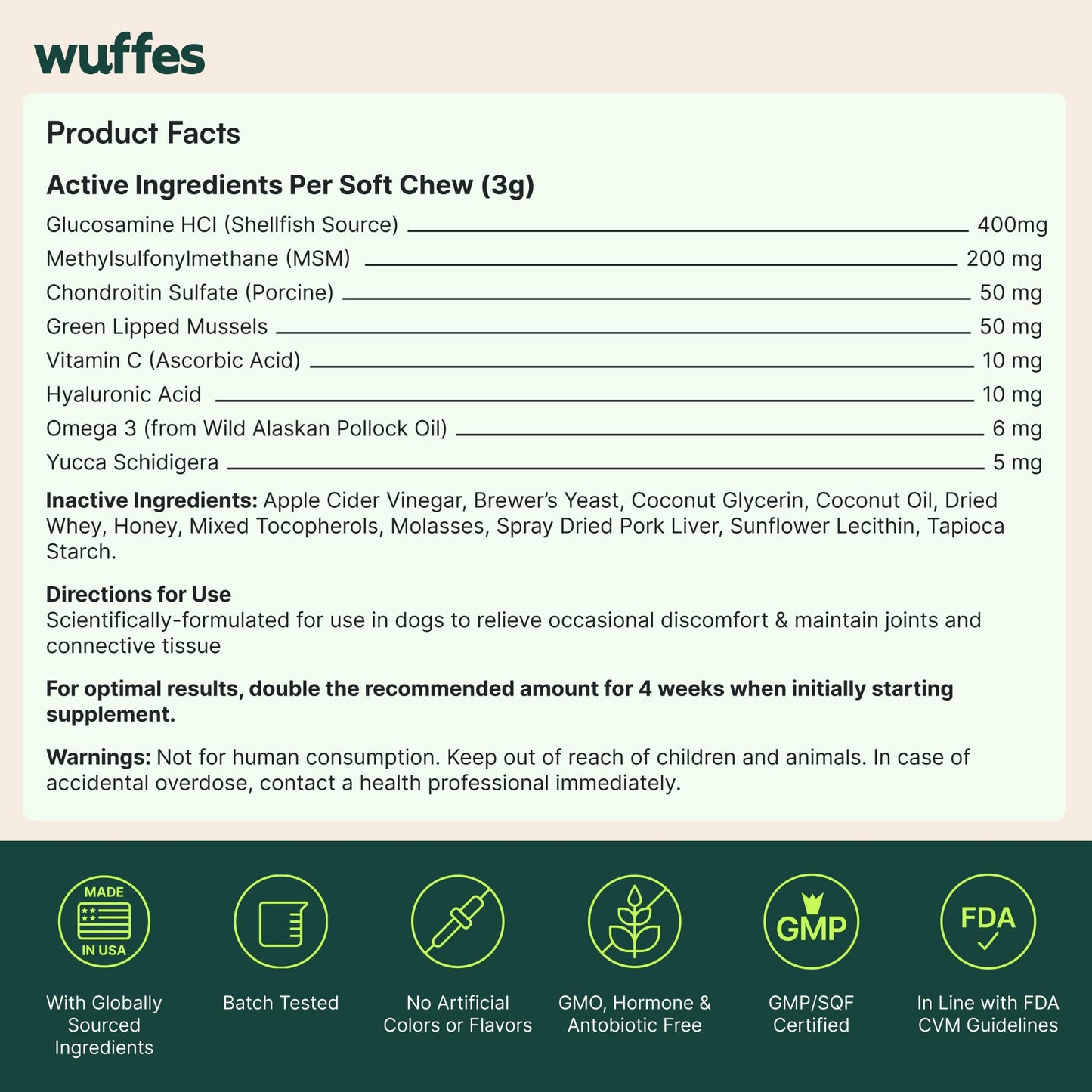 Wuffes Advanced Dog Hip and Joint Supplement with Glucosamine, Chondroitin, Omega 3, MSM, and Green Lipped Mussel, 60 Pork Flavored Chews for Small and Medium Dog Breeds - Maple Wellness Supplements
