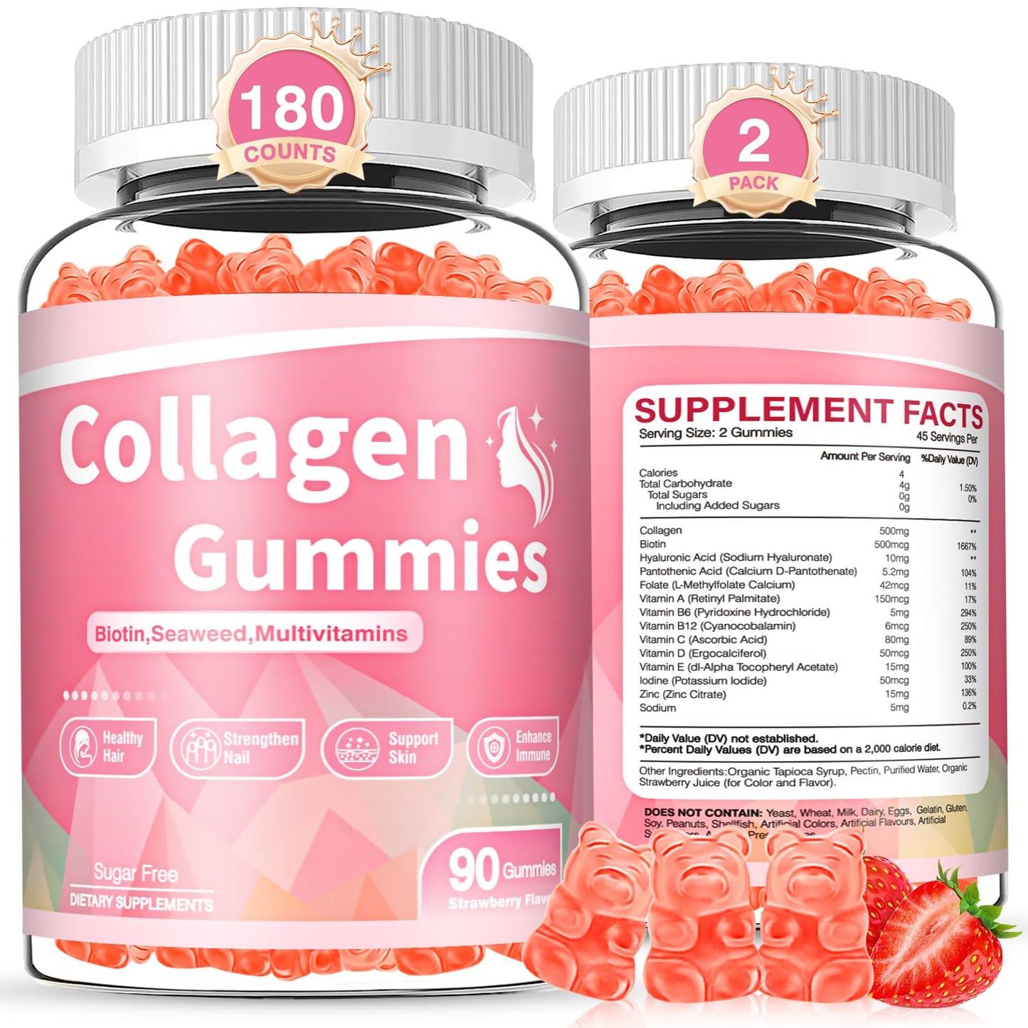 WyuuKi 180 Count Collagen Gummies Collagen Protein Type I II III V X with Biotin Vitamin C A B D E Keratin Hyaluronic Acid for Hair Skin Nails Joint Immune Digestion Women Men Sugar Free Strawberry - Maple Wellness Supplements