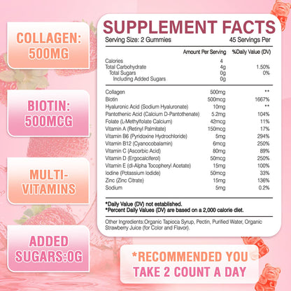 WyuuKi 180 Count Collagen Gummies Collagen Protein Type I II III V X with Biotin Vitamin C A B D E Keratin Hyaluronic Acid for Hair Skin Nails Joint Immune Digestion Women Men Sugar Free Strawberry - Maple Wellness Supplements