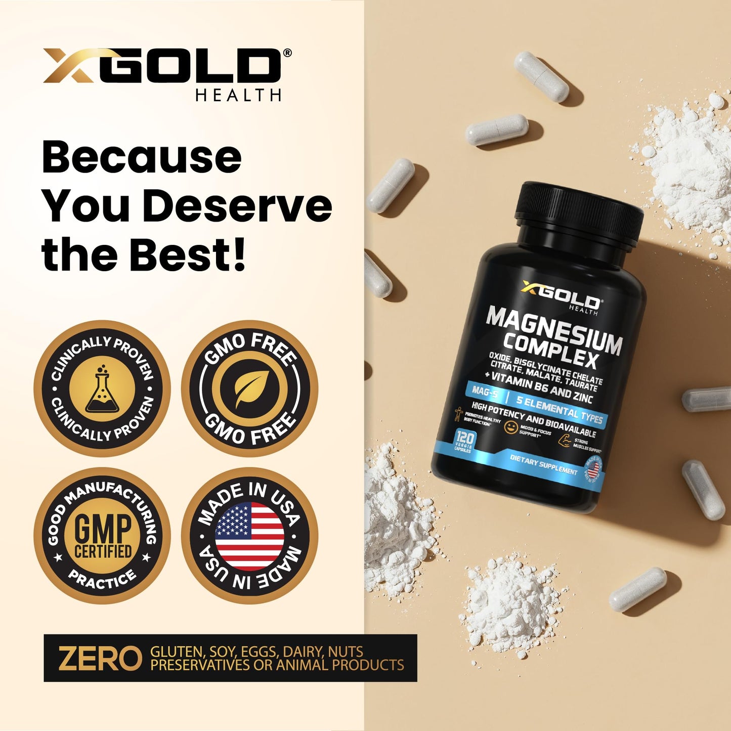 X Gold Health Magnesium Complex 5-in-1 with Zinc & B6 High Absorption Capsules (Glycinate, Citrate, Malate, Taurate, Oxide) Muscle Recovery, Energy, Sleep Support & Immune Health 500mg Made in USA - Maple Wellness Supplements