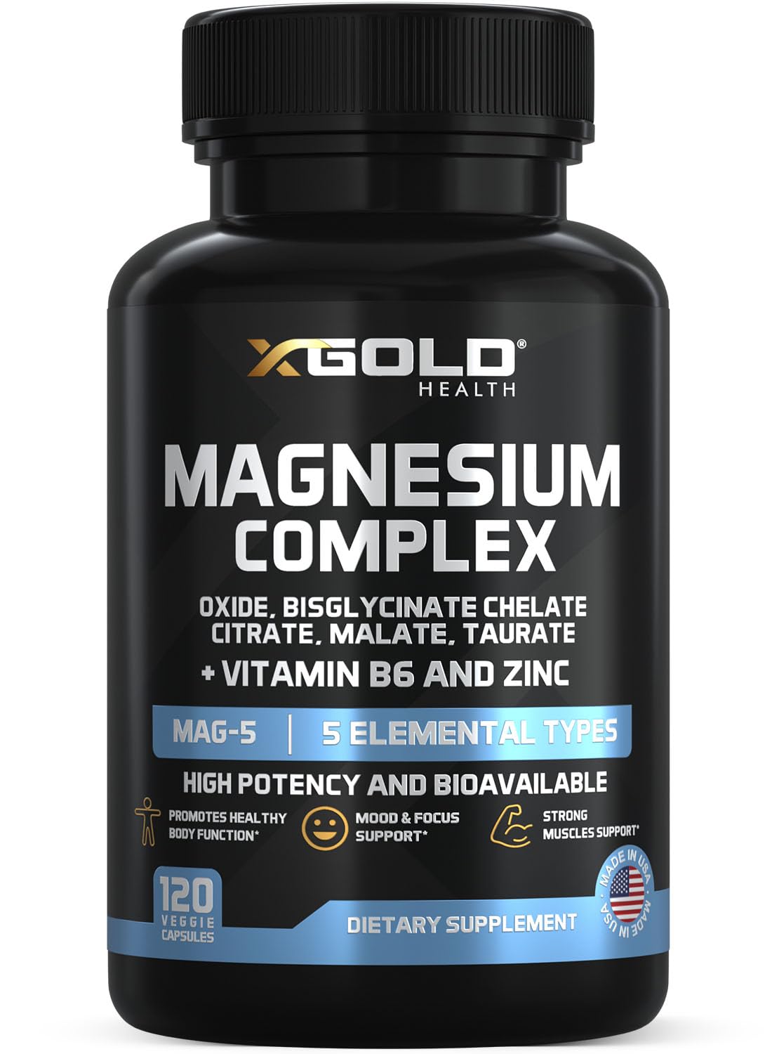 X Gold Health Magnesium Complex 5-in-1 with Zinc & B6 High Absorption Capsules (Glycinate, Citrate, Malate, Taurate, Oxide) Muscle Recovery, Energy, Sleep Support & Immune Health 500mg Made in USA - Maple Wellness Supplements
