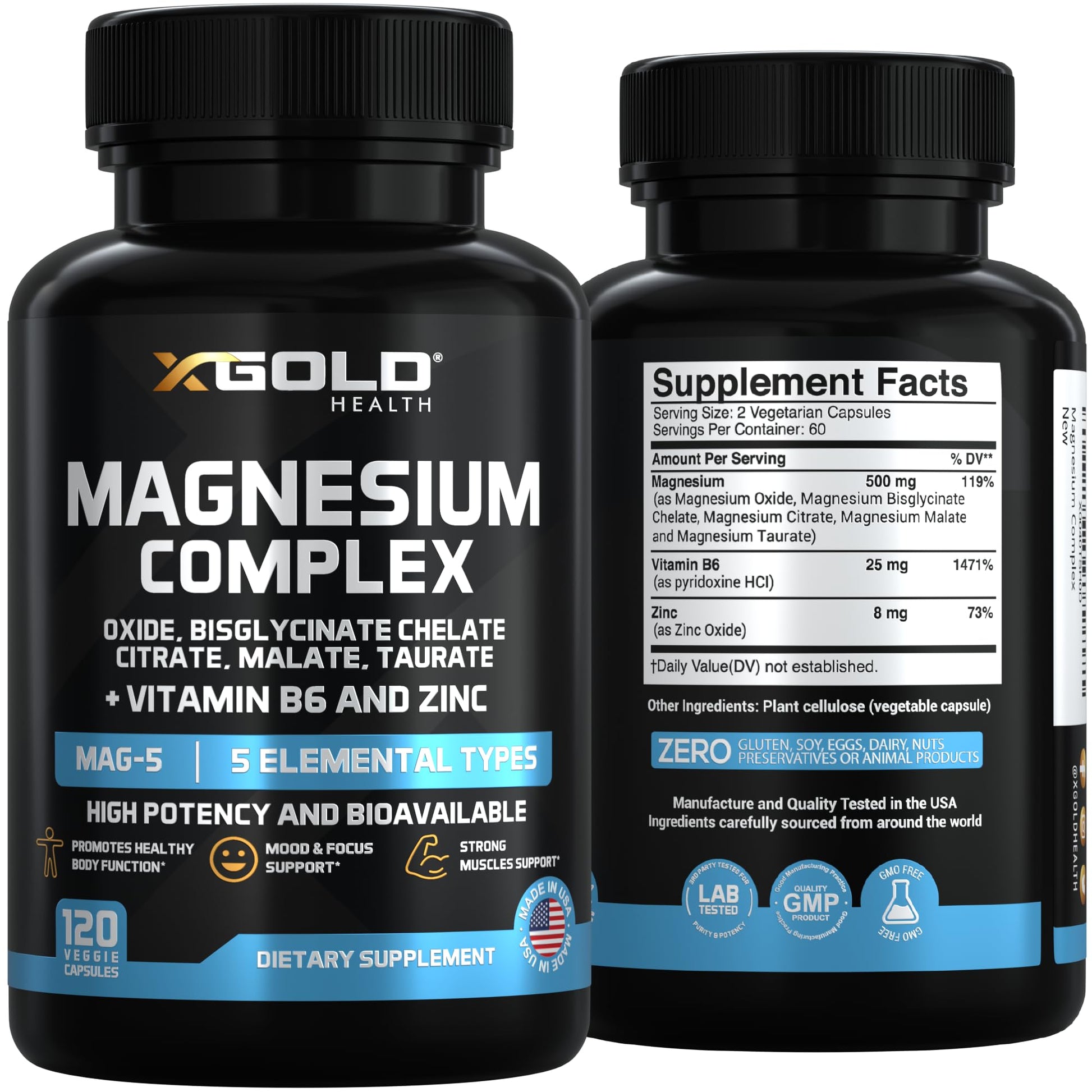X Gold Health Magnesium Complex 5-in-1 with Zinc & B6 High Absorption Capsules (Glycinate, Citrate, Malate, Taurate, Oxide) Muscle Recovery, Energy, Sleep Support & Immune Health 500mg Made in USA - Maple Wellness Supplements