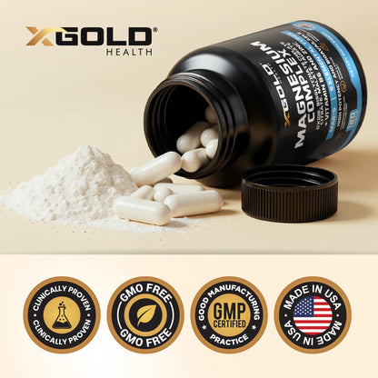 X Gold Health Magnesium Complex 5-in-1 with Zinc & B6 High Absorption Capsules (Glycinate, Citrate, Malate, Taurate, Oxide) Muscle Recovery, Energy, Sleep Support & Immune Health 500mg Made in USA - Maple Wellness Supplements