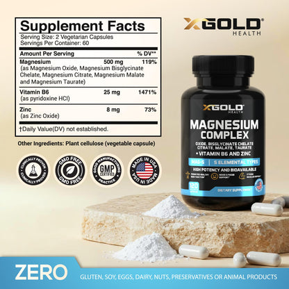 X Gold Health Magnesium Complex 5-in-1 with Zinc & B6 High Absorption Capsules (Glycinate, Citrate, Malate, Taurate, Oxide) Muscle Recovery, Energy, Sleep Support & Immune Health 500mg Made in USA - Maple Wellness Supplements